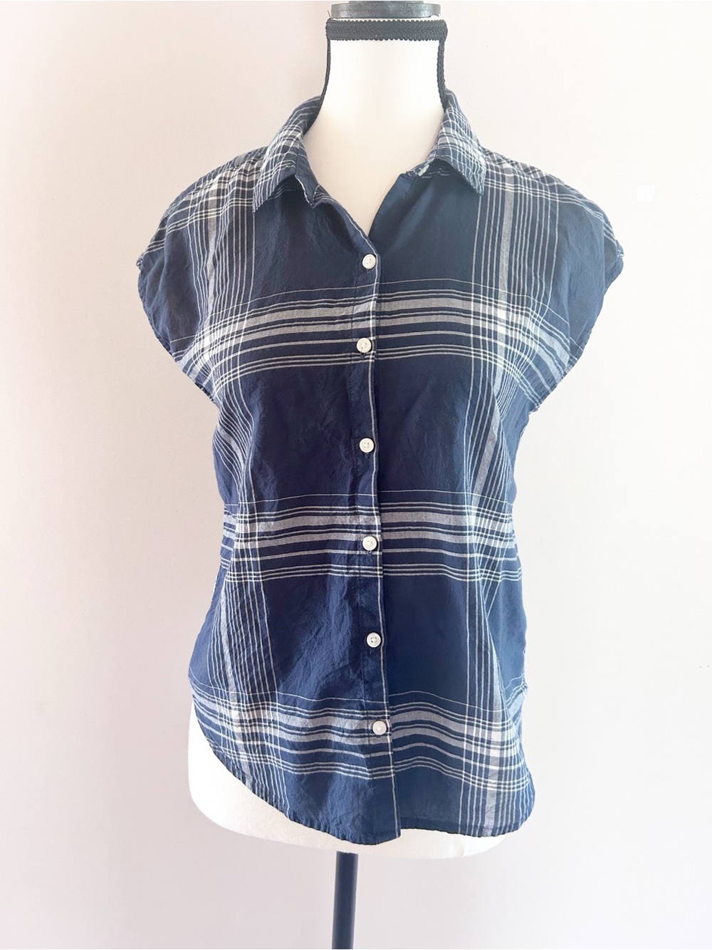 Lucky Brand Navy and White Plaid Button-Down Sleeveless Shirt Cotton-blend XS
